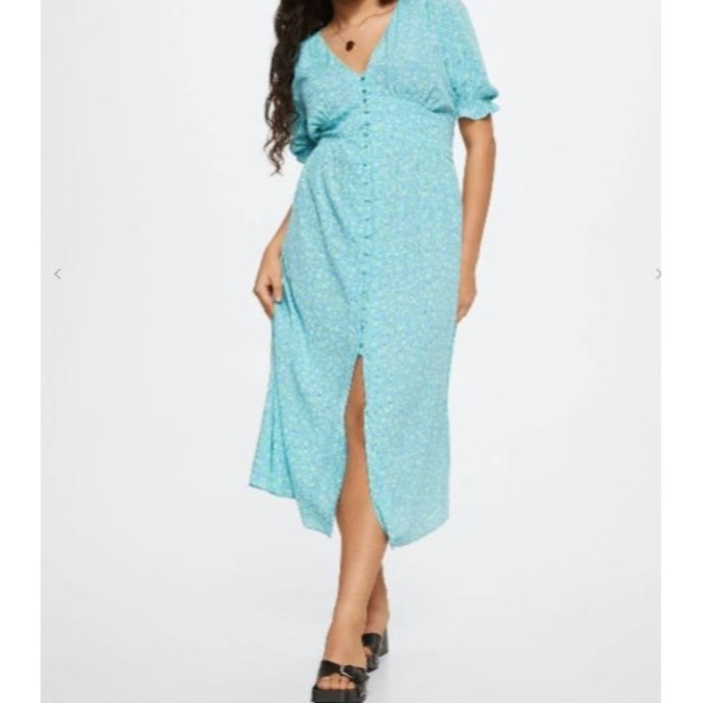 Mango Flowy Flower Printed Dress size 18‎ NWT  Blue Green Button Front 3XL